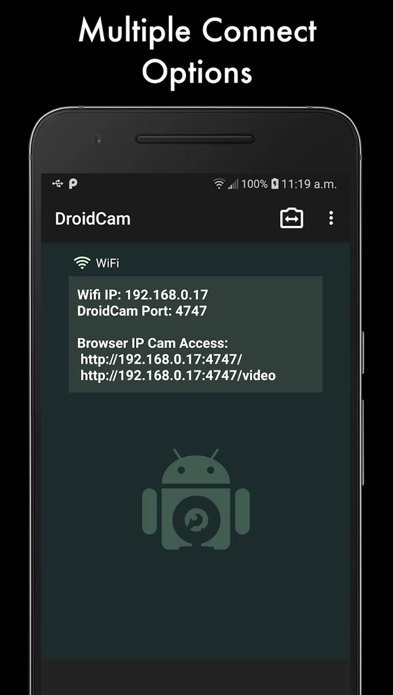 DroidCam connection options.