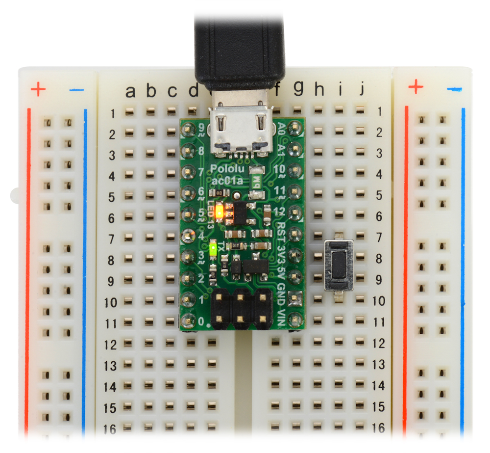 The Pololu A-Star with male headers can also be plugged directly into a standard breadboard.