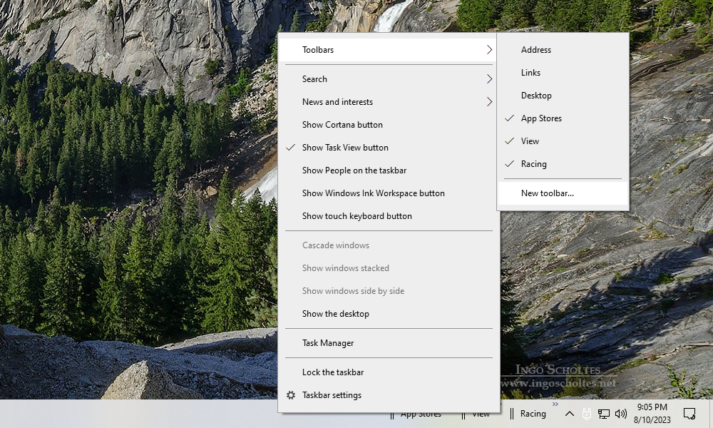 Create a new toolbar from the context menu items after right clicking the taskbar.