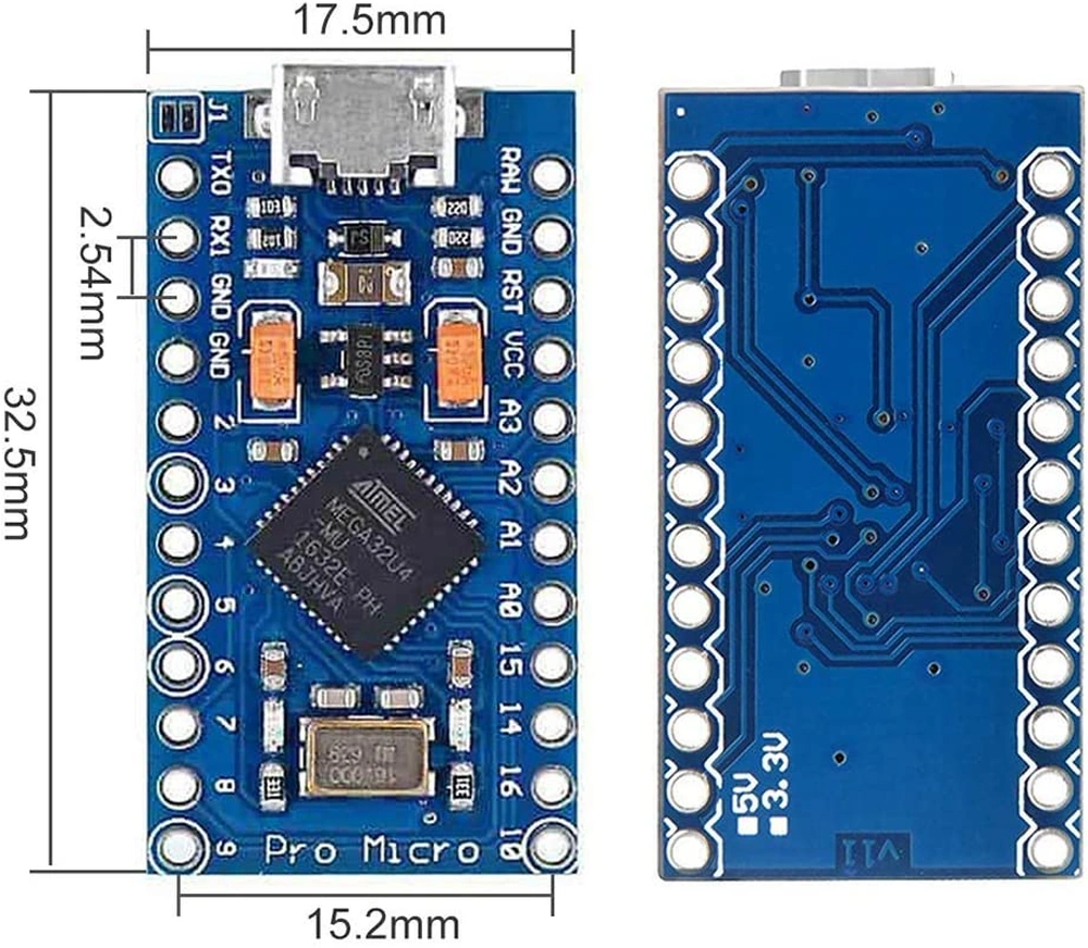 The Arduino Pro Micro front and back.