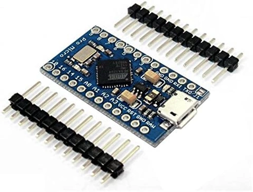The Arduino Pro Micro with (male) header rows.