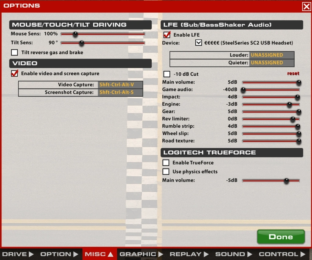 iRacing Bass Shaker (LFE) options menu.