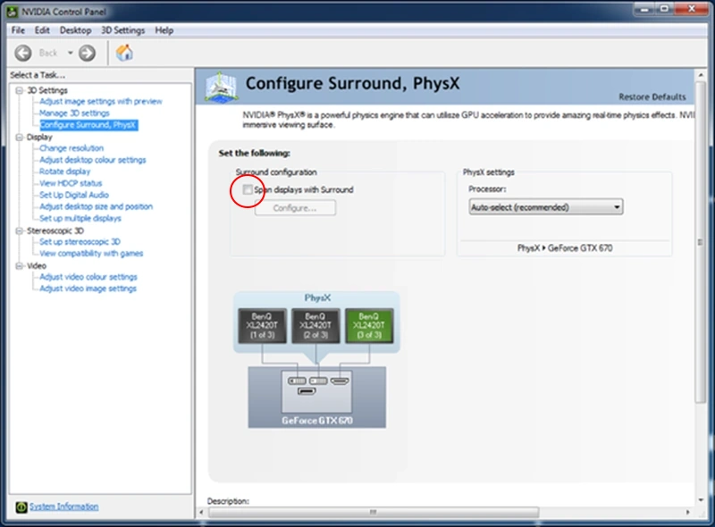 Configure Surround, PhysX menu for triple monitors.