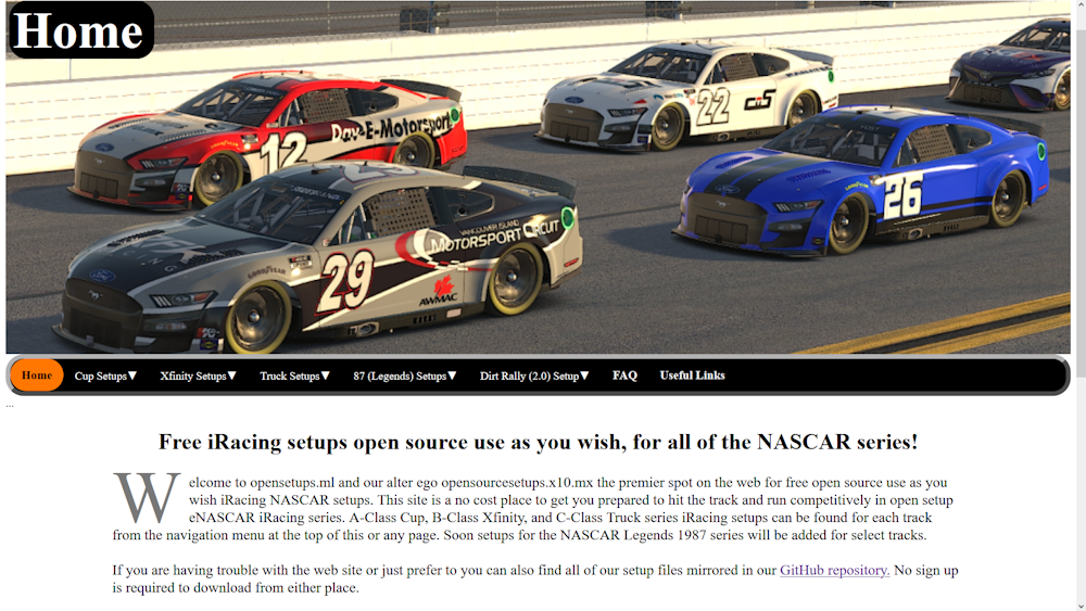 The homepage of Open-Source Setups.  The best place for free iRacing setups.