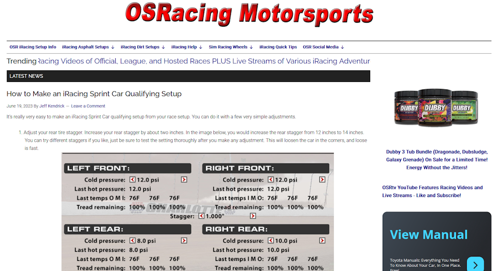 OSRacing's homepage.