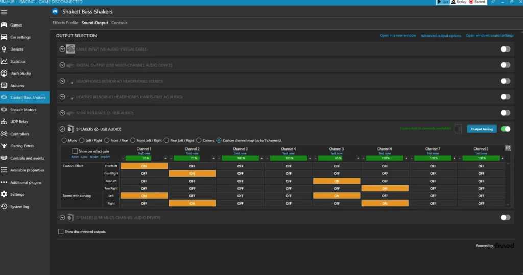 The "ShakeIt Bass Shaker" sound output options menu inside of SimHub Server.